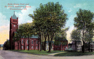 Belle Grove Park and St. Paul German Reformed Church are shown in this postcard from the 1920s. The fountain is shown in the middle of the square.